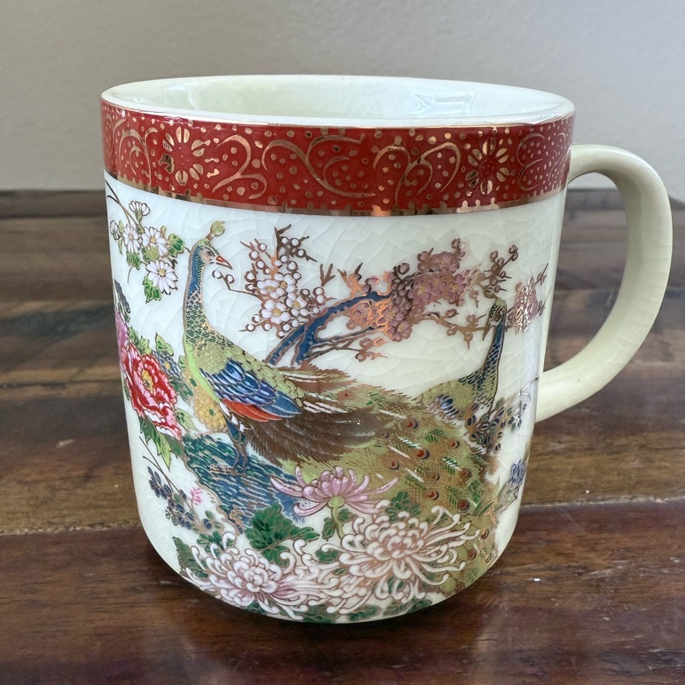 Satsuma Heritage Vintage Japanese Mug Peacock Crackle Glaze Mint MCM Japan